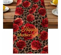 Happy Mother's Day Table Runner, Red Roses Romantic Flower Brown Leopard Cotton and Table Linen Runner for Kitchen Dining Home Decor for Party Festival Holiday Decoration Gift 13x48in