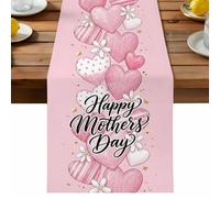 Happy Mother's Day Table Runner, Romantic Love Heart Polka Dot Stripes Pink Cotton and Table Linen Runner for Kitchen Dining Home Decor for Party Festival Holiday Decoration Gift 13x48in