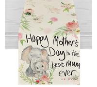 Happy Mother's Day Table Runner - Watercolor Elephant and Floral Design, Cotton Linen Tablecloth for Mom Day Gifts, Happy Mothers Day Decorations for Home Kitchen Dining Room, 13x72 Inch