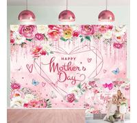Happy Mothre's Day Backdrop 8x6FT Pink Floral Mother's Day Photography Background I Love Mom Thank You Mom Banner Mother's Day Party Photo Booth Backdrop