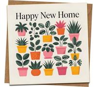 Happy New Home Card - Housewarming Greeting Card with Colorful Houseplants, 145mm x 145mm, Blank Inside, Includes Kraft Envelope