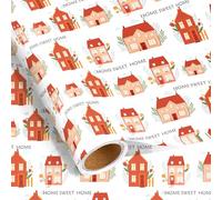Happy New Home Wrapping Paper Roll, Housewarming Gift Wrap with Red House Design, Christmas Holiday Wrapping Paper for Family Friends Housewarming Party Moving Gifts Holiday, 17 Inch x 16.4 Feet