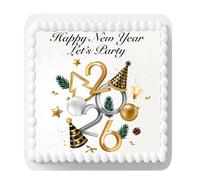 Happy New Year 2026 7.5 inch Square on Decor Icing Sheet Edible Cake Topper - Perfect for Decorating Larger Cakes