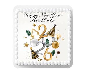 Happy New Year 2026 7.5 inch Square on Decor Icing Sheet Edible Cake Topper - Perfect for Decorating Larger Cakes