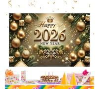 Happy New Year 2026 - 7x5ft Gold 2026 Backdrop | New Year Decorations Christmas Banner for Indoor, Outdoor, Christmas, Home, Office, School, Store, Farm, Bar, Photography