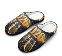 Happy New Year 2026 Cotton Slipper Cozy Plush Slippers Indoor House Closed Toe Shoes Anti-Skid Comfortable 9-10（40-41）