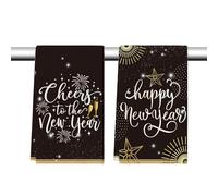 Happy New Year 2026 Decorations Tea Towels,2 x 40*60CM Stars Firework Cheers to the New Year Hand Towels Kitchen Accessories Black and Gold Dish Towel for New Year's Eve Kitchen Bar Table Decorations