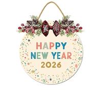 Happy New Year 2026 Front Door Sign, Round Wood Door Hanger Outdoor Outside Porch Decor, Christmas Winter Holiday Party Wooden Wreath Indoor Wall Hanging Decoration 12"x12"