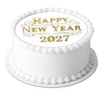 Happy New Year 2027 7.5 inch Circle on Decor Icing Sheet Edible Cake Topper - Perfect for Decorating Larger Cakes