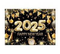 Happy New Year Backdrop 2025,2025 New Year Backdrop 6.88 x 4.92 Feet Black Gold New Year's Eve Banner Gathering Layout Photo Decoration Favor Fes