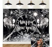 Happy New Year Backdrop 2026 Black Silver New Year Countdown Photography Background Disco Fireworks Flash Points Cheers to 2026 Family Party Decoration Banner (6 x 4 ft (1.8 x 1.2 m))