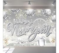 Happy New Year Backdrop 2026 Glitter Silver Fireworks New Years Eve Photography Background 2026 New Year Photo Banner for NYE Party Decorations (8x6FT（240x180cm）)