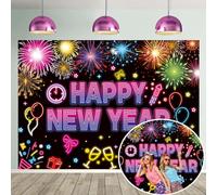 Happy New Year Backdrop 2026 Neon Happy New Year Banner for Nye Decorations 7x5FT Neon Glitter New Years Background 2026 New Years Eve Party Supplies Photo Props