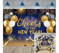 Happy New Year Backdrop 7x5ft Royal Blue Gold Glitter Fireworks Champagne Photography Background Cheers to The New Year Banner for Hello 2026 NYE Party Supplies (7x5FT: 84x60 inch)
