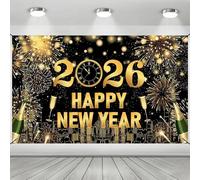 Happy New Year Banner Backdrop - New Years Eve Decorations 2026,Eve Background Photo Props for 2026 Party Decoration Supplies,Large Black Gold Photography Background for Home Ornament