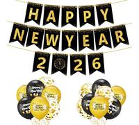 Happy New Year Banner for New Years Eve Decorations 2026,Eve Banner with Ballon Set for Home Party Background Supplies,Hanging Bunting Backdrop Kits with Black and Gold Elegant for Go to Next Year