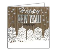 Happy New Year Best Wishes Glossy Silver Square Card with White Envelope 15 x 15 cm - Christmas Trees Wooden Snowflakes Winter - Made in France