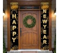 Happy New Year Black & Gold Party Decorations - Door Banner, Eve Sign Couplets for New Year Celebrations, Party Accessories Backdrop