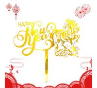 Happy New Year Cake Topper 2026 - 2D Acrylic Lunar New Year Horse Birthday Decoration,Snack Sticks - For Families Bakeries Home Bakery