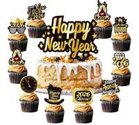 Happy New Year Cake Topper 73pcs Black Gold 2026 Cupcake Toppers for 2026 New Year's Eve Party Decoration Suppiles