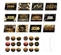 Happy New Year Card 2026 Set,Black and Gold Fireworks Card with Envelopes Stickers with Words such as 2026" and Happy New Year Party Supplies for Families Friends Colleagues. (A)