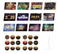 Happy New Year Card 2026 Set,Black and Gold Fireworks Card with Envelopes Stickers with Words such as 2026" and Happy New Year Party Supplies for Families Friends Colleagues.(B)