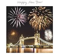 Happy New Year Card - Fireworks over Tower Bridge, London - Attractive Flitter Finish - Embellished Greeting Card for Any Recipient From the Art Group