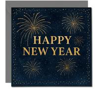 Happy New Year Card - Gold Fireworks on Navy, 145mm x 145mm Square Greeting Card, Includes Dark Grey Envelope