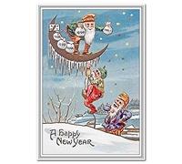 Happy New Year Card - Old Fashioned 1900s - Victorian Edwardian Era style - Elf Gnome Money theme - Traditional New Years Wishes Greeting Best Design - Blank inside to write own message