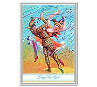 Happy New Year Card - Old Fashioned 1900s - Victorian Edwardian Era style - Harlequin Dancers theme - Traditional New Years Wishes Greeting Best Design - Blank inside to write own message
