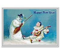 Happy New Year Card - Old Fashioned 1900s - Victorian Edwardian Era style - Snowman and Pierrot theme - Traditional New Years Wishes Greeting Design - Blank inside to write own message