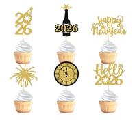 Happy New Year Cupcake Toppers, VARACL 24PCS Hello 2026 Cupcake Picks Black Gold Glitter Firework Cheers to 2026 Cake Decorations for Winter Festive Holidays New Years Eve Party Decoration Supplies