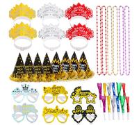 Happy New Year Decorations 2025, 44 Pcs New Years Eve Decorations 2025 (32 Inch) XXL, Black Gold Happy New Year Banner, Balloons, Gold Fringe Curtains, Party Tablecloth, Party hats, Tiaras, Eyeglasses