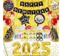 Happy New Year Decorations 2025, 57 Pcs New Years Eve Decorations 2025 (32 Inch) XXL, Black Gold Happy New Year Banner, Balloons, Gold Fringe Curtains, Party Tablecloth, Party hats, Tiaras, Eyeglasses