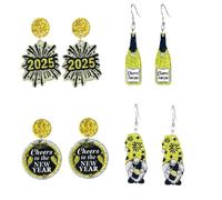 Happy New Year Earrings Set for Women Glitter 2025 Letters Acrylic Drop Earrings Cute Gnome Fireworks Champagne Resin Dangle Earrings New Year’s Eve Layered Leather Earrings Holiday Jewelry, Resin