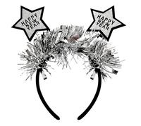 Happy New Year Headband, New Years Eve Star Headband with Tinsel, Glitter Tiara Hair Accessories for Kids Adults New Year Hair Band Shiny New Year's Eve Photo Booth Props (Happy New Year, Silver)