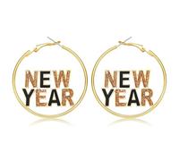 Happy New Year Hoop Earrings for Women Glitter NEW YEAR Letter Hoop Dangle Earrings New Years Eve Party Earrings Christmas Happy New Year Festive Accessory Jewelry Gifts, L, Metal, No Gemstone