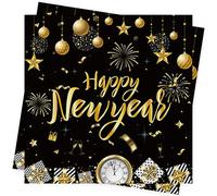 Happy New Year Napkins - 40pcs Black & Gold Paper Serviettes - 33x33cm - Disposable - Perfect for New Year's Eve Parties