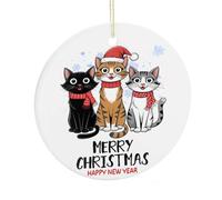 Happy New Year Ornament for Christmas Tree, Funny Hanging Xmas Ceramic Ornaments, Winter Holiday Party Decor, Xmas Gifts for Cats Lover Family Friend, 7.5CM