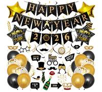 Happy New Year Party Decor Supplies Set,Black and Orange Hangings Garland Banner Balloon Photo Booth Props for New Year's Eve Decoration,Festive Pennant Sign Spiral Charms for Christmas Party