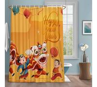 Happy New Year Shower Curtain with 12 Hooks Spring Festival Chinese New Year Lion Dance Lanterns Yellow Waterproof Fabric Shower Curtains Sets for Bathroom Bath Decorations, Machine Washable, 66"x72"