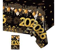 Happy New Year Table Cloth 2026, New Years Eve Decorations Table-Cover, Black and Gold Table Decorations Disposable Plastic Tablecloth, 220*130CM Rectangle Table-Cloths, New-Year's Eve Party Supplies