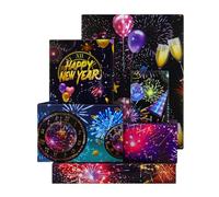 Happy New Year Wrapping Paper for Women Men, 6pcs Fireworks Champagne Balloon Ferris-wheel Patterns Gift Wrap Papers, New Year Themed Folded Flat Art Wrap for Christmas Holiday Party Celebration