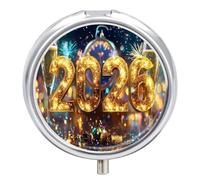 Happy New Years 2026 Small Pill Organizer for Travel Portable Mini Pills Box with 3 Compartments Round Medicine Case Container