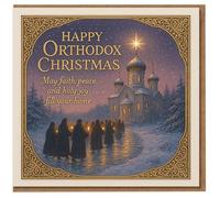 Happy Orthodox Christmas Card - Candlelit Procession to Snowy Church, Star-Lit Night Scene, Religious Festive Greeting for Family and Friends
