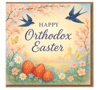 Happy Orthodox Easter Card - Swallows, Blossom and Butterflies with Red Decorated Eggs and Church - Elegant Spring Religious Greeting