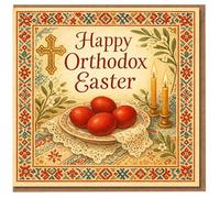 Happy Orthodox Easter Card - Traditional Red Eggs, Cross and Candles, Folk Border - Religious Spring Greeting