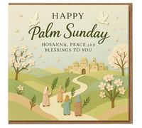 Happy Palm Sunday Card - Hosanna, Peace and Blessings to You - Doves, Blossom Trees and Palm Procession Scene - Christian Easter Greeting Card