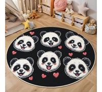 Happy Panda Face Round Rug, 160 Cm Diameter, Cartoon Animals Kids Rugs, Anti-Slip Soft Carpets, Black Thin Plush Comfort Rug, No Crease Mat For Nursery Living Room Bedroom Study Playroom Decor