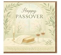 Happy Passover Card - Elegant Seder Table with Matzah, Wine and Candle by Spring Window - Jewish Pesach Greeting for Family & Friends